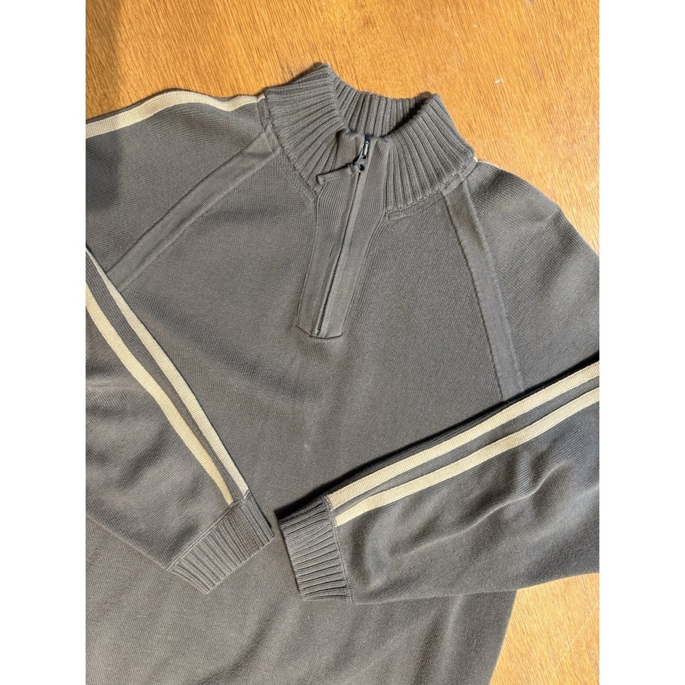 Vintage Eddie Bauer Sweater Mens L Gray 1/4 Zip Mock Neck Striped Sleeve Knit